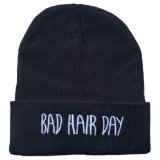 Danny’s Dealz® Novelty Unisex Black Acrylic Knit Woven Winter Warm Phrase Letters BAD HAIR DAY Cuffed Beanie Hat Cup