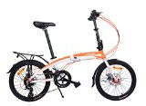 20″ Lightweight Aluminum Folding Bike 16 Speed Foldable Bicycle Disc Brake, Rack and Fenders (Orange)