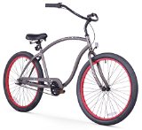 Firmstrong Chief Man Three Speed Beach Cruiser Bicycle, 26-Inch, Matte Grey w/ Red Rims